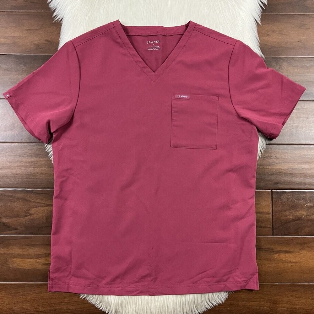 Jaanuu Men's Size Large Warm Berry 2‎ Pocket V Neck Scrub Top